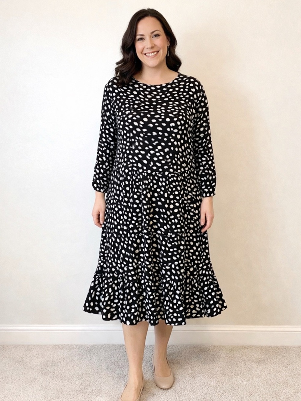 Black and White Speckled Spot Print Long Sleeve Multi Tiered Dress Size XL NWT